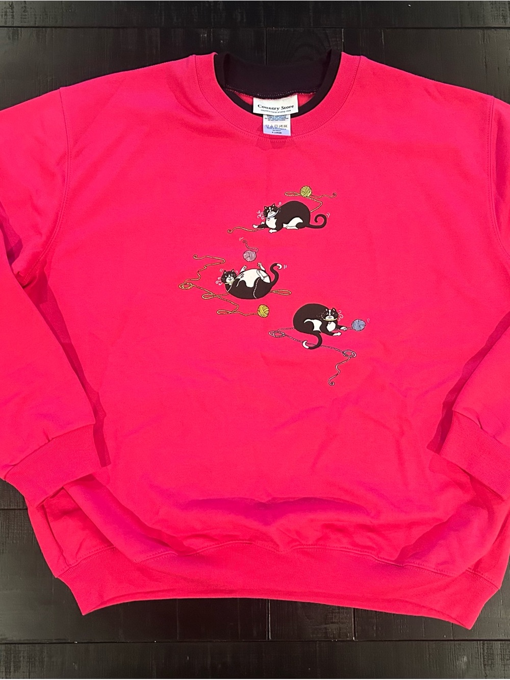 Country Store Women's Hot Pink Crewneck Sweater with Playful Cat Print